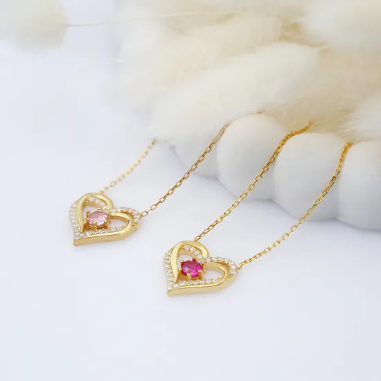 Double Heart Pink CZ Silver Charm Necklace Double Heart Pink CZ Silver Charm Necklace