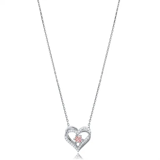 Double Heart Pink CZ Silver Charm Necklace Double Heart Pink CZ Silver Charm Necklace