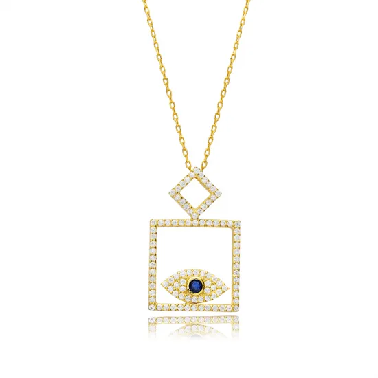 Square Evil Eye Sapphire CZ Sterling Silver Necklace
