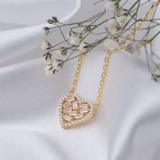 Heart Baguette CZ 925 Sterling Silver Necklace