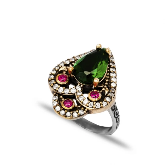 Pear Emerald CZ Ottoman 925 Sterling Silver Ring Pear Emerald CZ Ottoman 925 Sterling Silver Ring