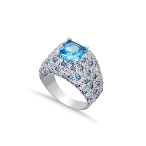 CZ Aquamarine Square Stones Cluster 925 Silver Ring