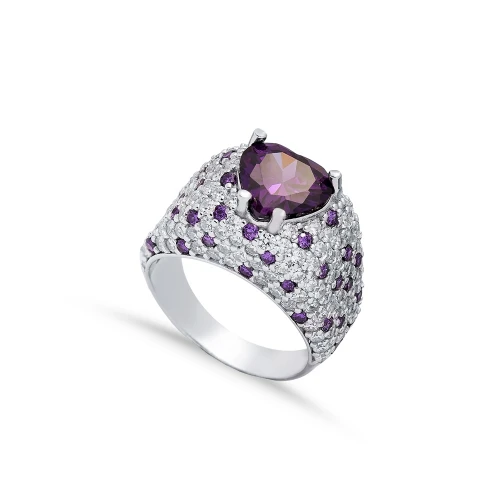 Amethyst CZ Heart Stones Cluster Sterling Silver Ring