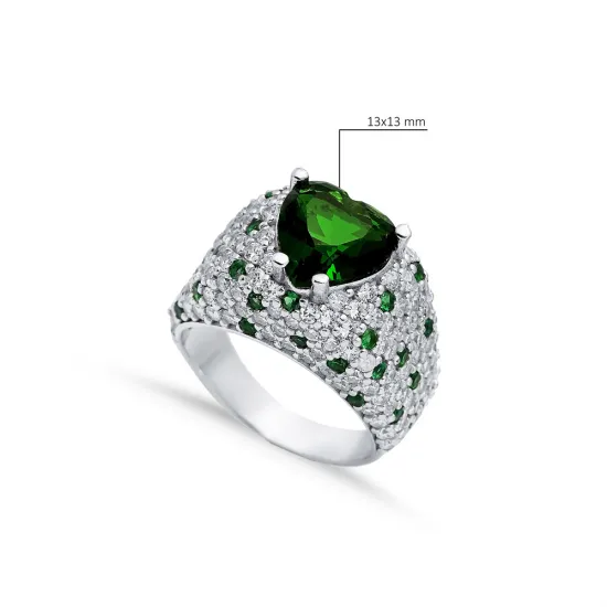 Emerald Heart CZ Stones Cluster Sterling Silver Ring
