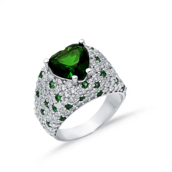 Emerald Heart CZ Stones Cluster Sterling Silver Ring