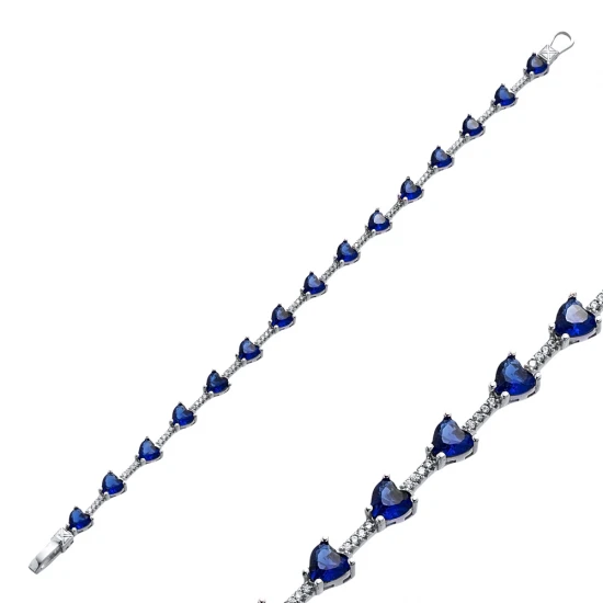 Sapphire CZ Heart Stony Cluster 925 Silver Bracelet Sapphire CZ Heart Stony Cluster 925 Silver Bracelet