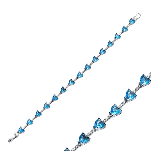 Aquamarine CZ Heart Shape Cluster 925 Silver Bracelet