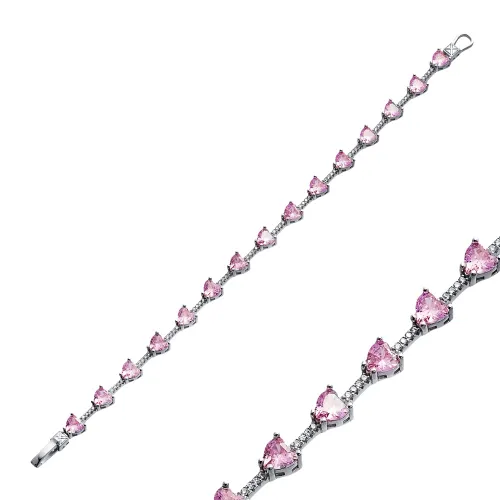 Pink Quartz CZ Heart Shape 925 Sterling Silver Bracelet
