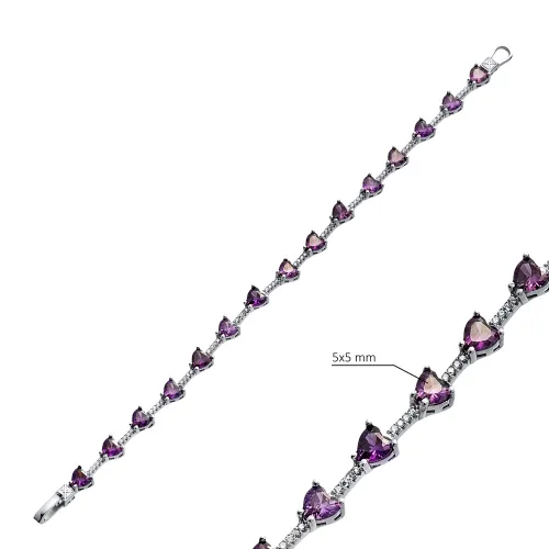 Heart Amethyst CZ Cluster 925 Sterling Silver Bracelet