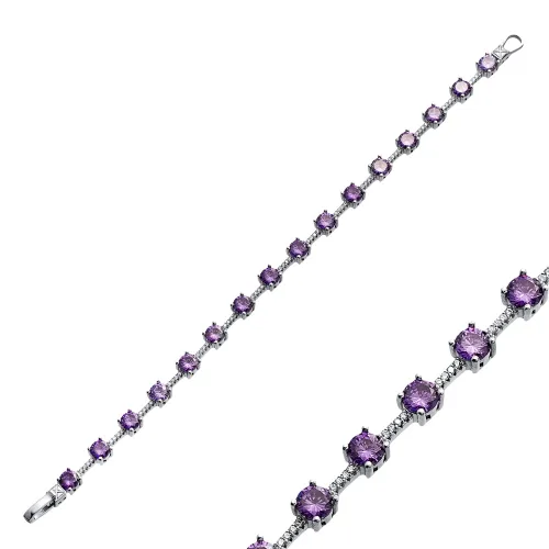 Amethyst Round CZ Cluster 925 Sterling Silver Bracelet