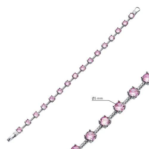 Pink CZ Round Cluster 925 Sterling Silver Bracelet