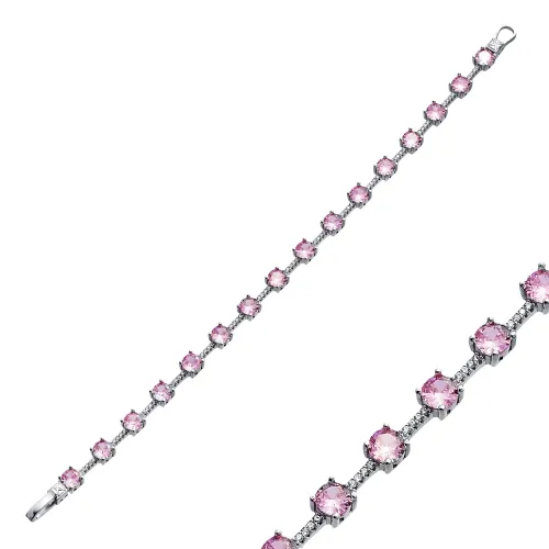 Pink CZ Round Cluster 925 Sterling Silver Bracelet
