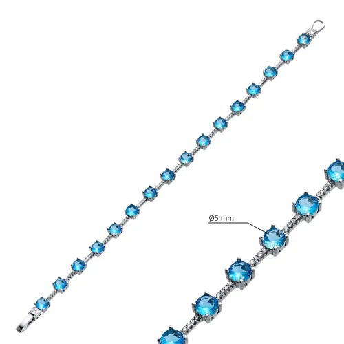 Cluster Aquamarine Round CZ Sterling Silver Bracelet