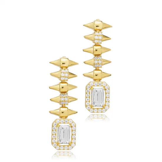 Spike Rivet Recktangle CZ Long Sterling Silver Earrings Spike Rivet Recktangle CZ Long Sterling Silver Earrings
