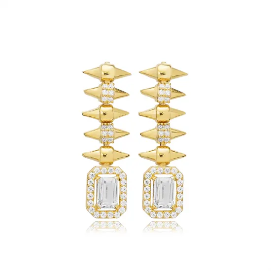 Spike Rivet Recktangle CZ Long Sterling Silver Earrings Spike Rivet Recktangle CZ Long Sterling Silver Earrings