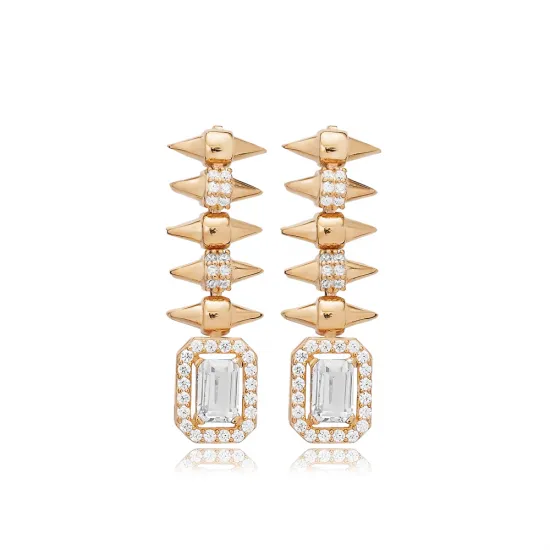 Spike Rivet Recktangle CZ Long Sterling Silver Earrings Spike Rivet Recktangle CZ Long Sterling Silver Earrings