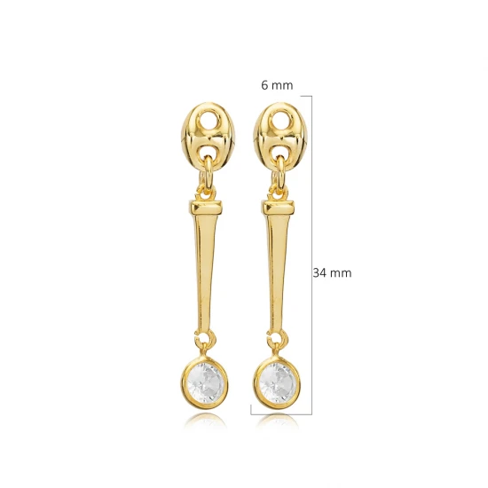 Round CZ Long Bar Dangle 925 Sterling Silver Earrings