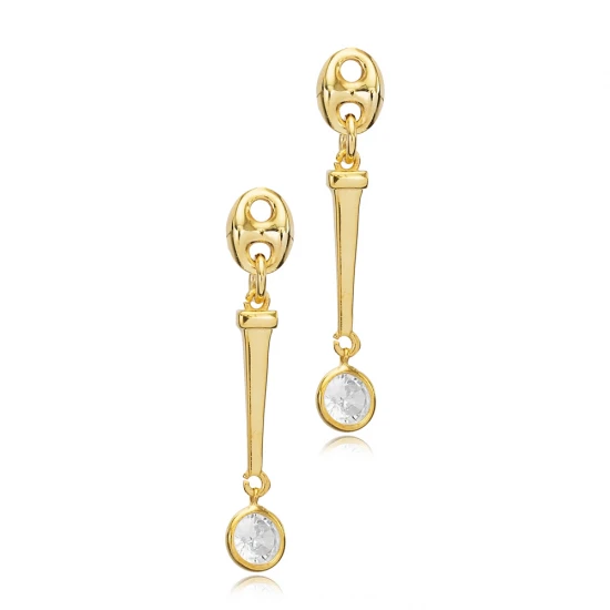 Round CZ Long Bar Dangle 925 Sterling Silver Earrings