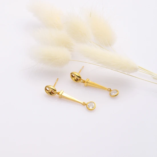 Round CZ Long Bar Dangle 925 Sterling Silver Earrings