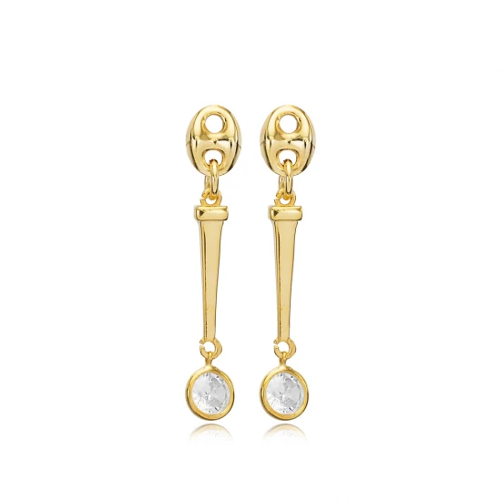 Round CZ Long Bar Dangle 925 Sterling Silver Earrings