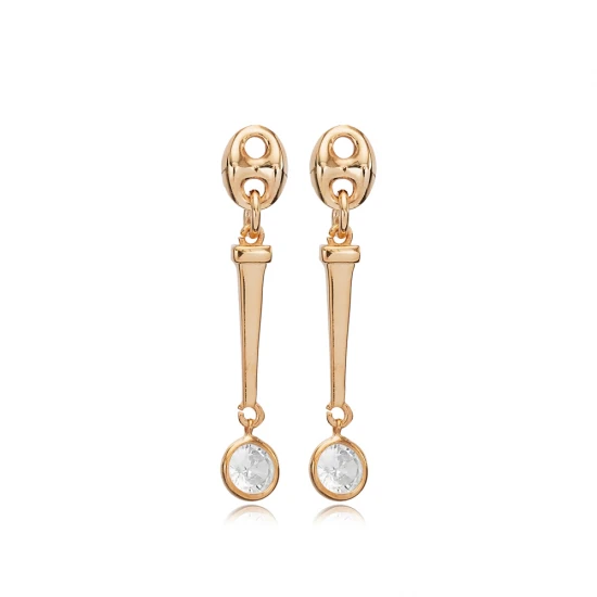Round CZ Long Bar Dangle 925 Sterling Silver Earrings