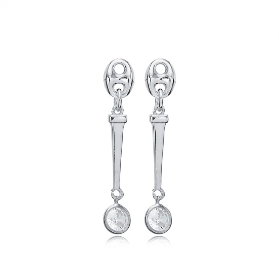 Round CZ Long Bar Dangle 925 Sterling Silver Earrings
