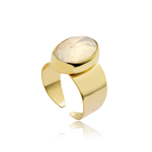 White Quartz Oval Gold Bezel Adjustable 925 Silver Ring