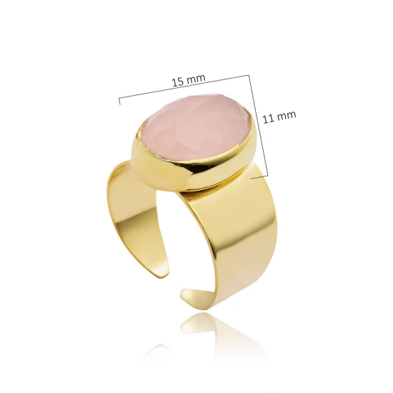 Pink Quartz Oval Gold Bezel Adjustable 925 Silver Ring | 925 Sterling Silver Wholesale | Sade Silver Pink Quartz Oval Gold Bezel Adjustable 925 Silver Ring - Sade 925 Silver Jewelry