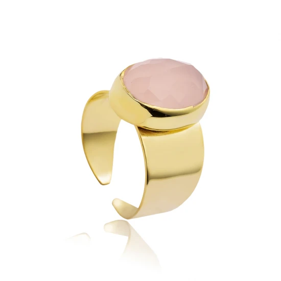 Pink Quartz Oval Gold Bezel Adjustable 925 Silver Ring | 925 Sterling Silver Wholesale | Sade Silver Pink Quartz Oval Gold Bezel Adjustable 925 Silver Ring - Sade 925 Silver Jewelry