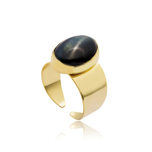 Oval Gold Bezel Adjustable 925 Sterling Silver Ring