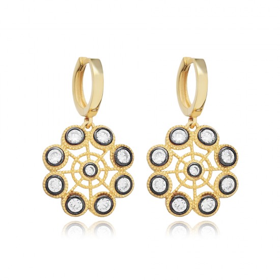 Flower Pattern Black İnk CZ Dangle Earring Flower Pattern Black İnk CZ Dangle Earring