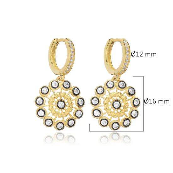 Mandala CZ Dangle Black Nk 925 Sterling Silver Earrings | 925 Sterling Silver Wholesale | Sade Silver Mandala CZ Dangle Black Nk 925 Sterling Silver Earrings - Sade 925 Silver Jewelry