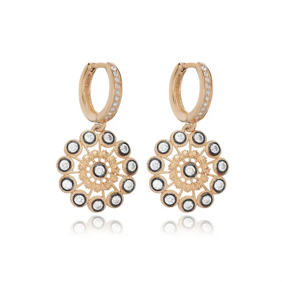 Mandala CZ Dangle Black Nk 925 Sterling Silver Earrings | 925 Sterling Silver Wholesale | Sade Silver Mandala CZ Dangle Black Nk 925 Sterling Silver Earrings - Sade 925 Silver Jewelry