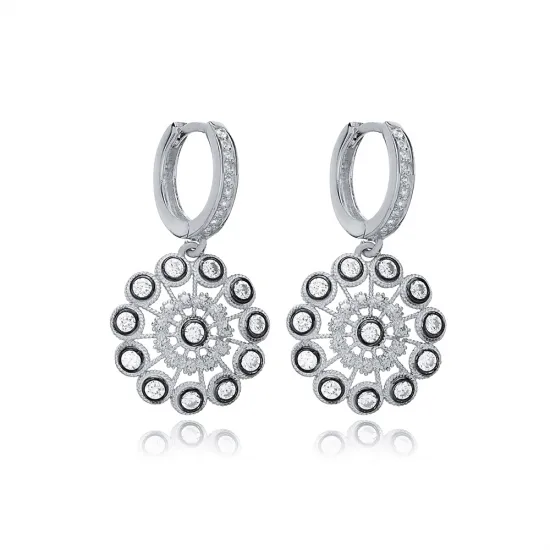 Mandala CZ Dangle Black Nk 925 Sterling Silver Earrings | 925 Sterling Silver Wholesale | Sade Silver Mandala CZ Dangle Black Nk 925 Sterling Silver Earrings - Sade 925 Silver Jewelry