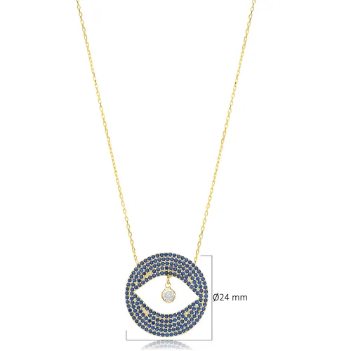 Sapphire CZ Eye Shape Round Sterling Silver Necklace Sapphire CZ Eye Shape Round Sterling Silver Necklace