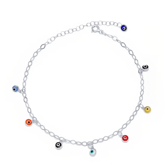 Colorful Evil Eye Mirror Chain Women 925 Silver Anklet | 925 Sterling Silver Wholesale | Sade Silver Colorful Evil Eye Mirror Chain Women 925 Silver Anklet - Sade 925 Silver Jewelry