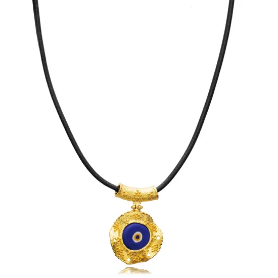 Evil Eye Leather 22 Karat Vintage Silver Necklace Evil Eye Leather 22 Karat Vintage Silver Necklace