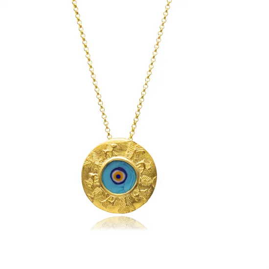 Round Glass Evil Eye 22 Karat Vintage Silver Necklace