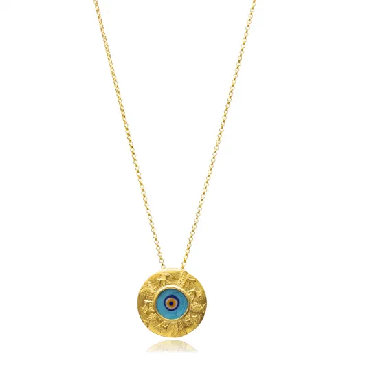 Round Glass Evil Eye 22 Karat Vintage Silver Necklace