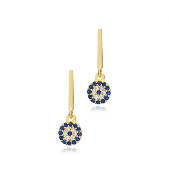 Round Evil Eye Bar 925 Sterling Silver Earrings | 925 Sterling Silver Wholesale | Sade Silver Round Evil Eye Bar 925 Sterling Silver Earrings - Sade 925 Silver Jewelry