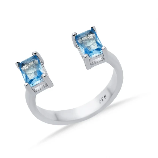 Aquamarine CZ Rectangle Adjustable Sterling Silver Ring | 925 Sterling Silver Wholesale | Sade Silver Aquamarine CZ Rectangle Adjustable Sterling Silver Ring - Sade 925 Silver Jewelry