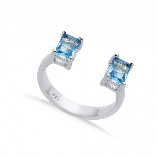 Aquamarine CZ Rectangle Silver Adjustable Ring