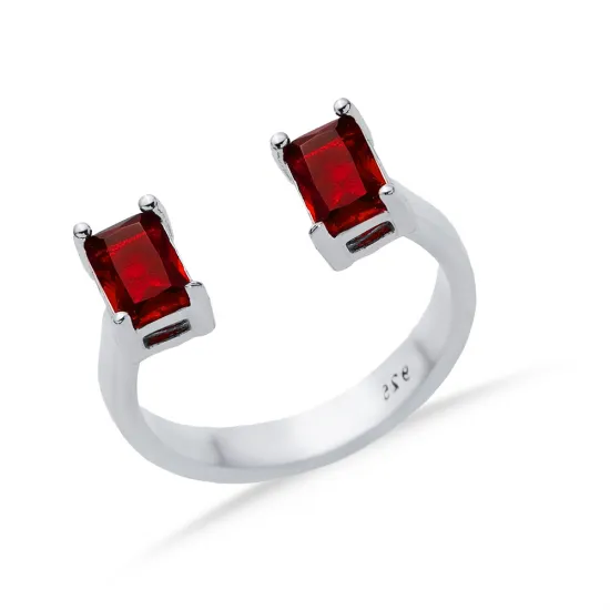 Garnet CZ Rectangle Silver Adjustable Ring