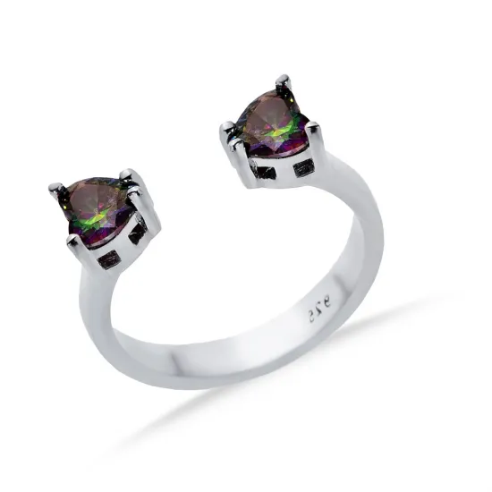 Mystic Topaz CZ Heart Adjustable Sterling Silver Ring | 925 Sterling Silver Wholesale | Sade Silver Mystic Topaz CZ Heart Adjustable Sterling Silver Ring - Sade 925 Silver Jewelry