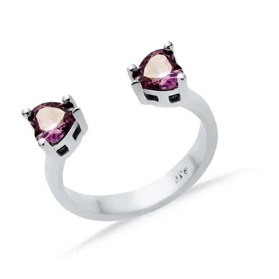 Amethyst CZ Heart Adjustable 925 Sterling Silver Ring | 925 Sterling Silver Wholesale | Sade Silver Amethyst CZ Heart Adjustable 925 Sterling Silver Ring - Sade 925 Silver Jewelry