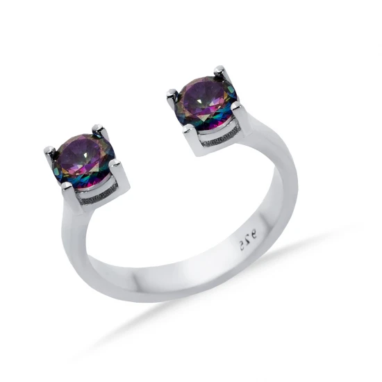 Mystic Topaz CZ Round Adjustable Sterling Silver Ring | 925 Sterling Silver Wholesale | Sade Silver Mystic Topaz CZ Round Adjustable Sterling Silver Ring - Sade 925 Silver Jewelry
