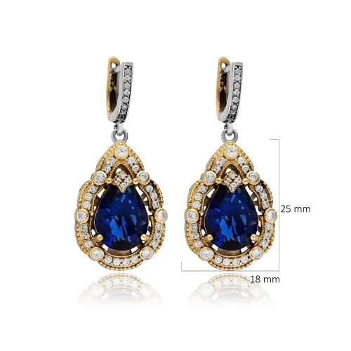 Sapphire CZ Pear Dangle 925 Sterling Silver Earrings