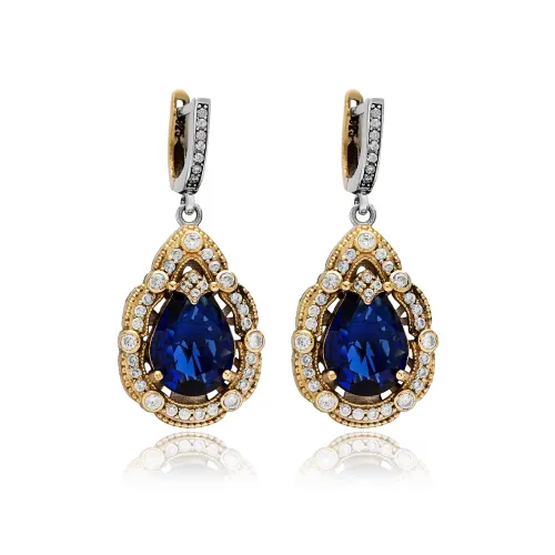 Sapphire CZ Pear Dangle 925 Sterling Silver Earrings