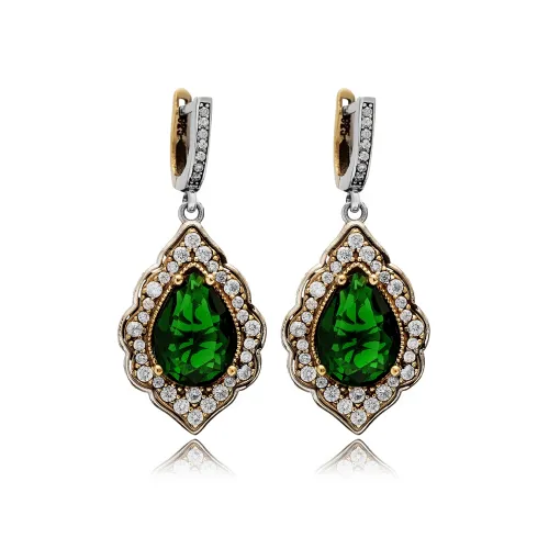 Dangle Emerald CZ Pear 925 Sterling Silver Earrings