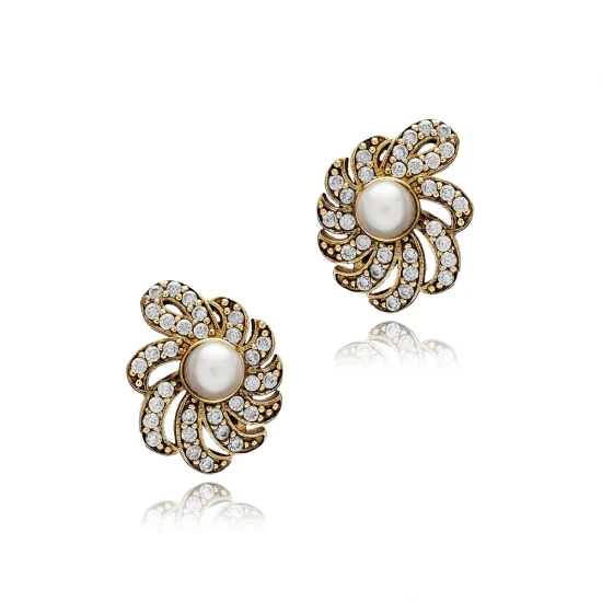 Pearl CZ Flower 925 Sterling Silver Earrings | 925 Sterling Silver Wholesale | Sade Silver Pearl CZ Flower 925 Sterling Silver Earrings - Sade 925 Silver Jewelry
